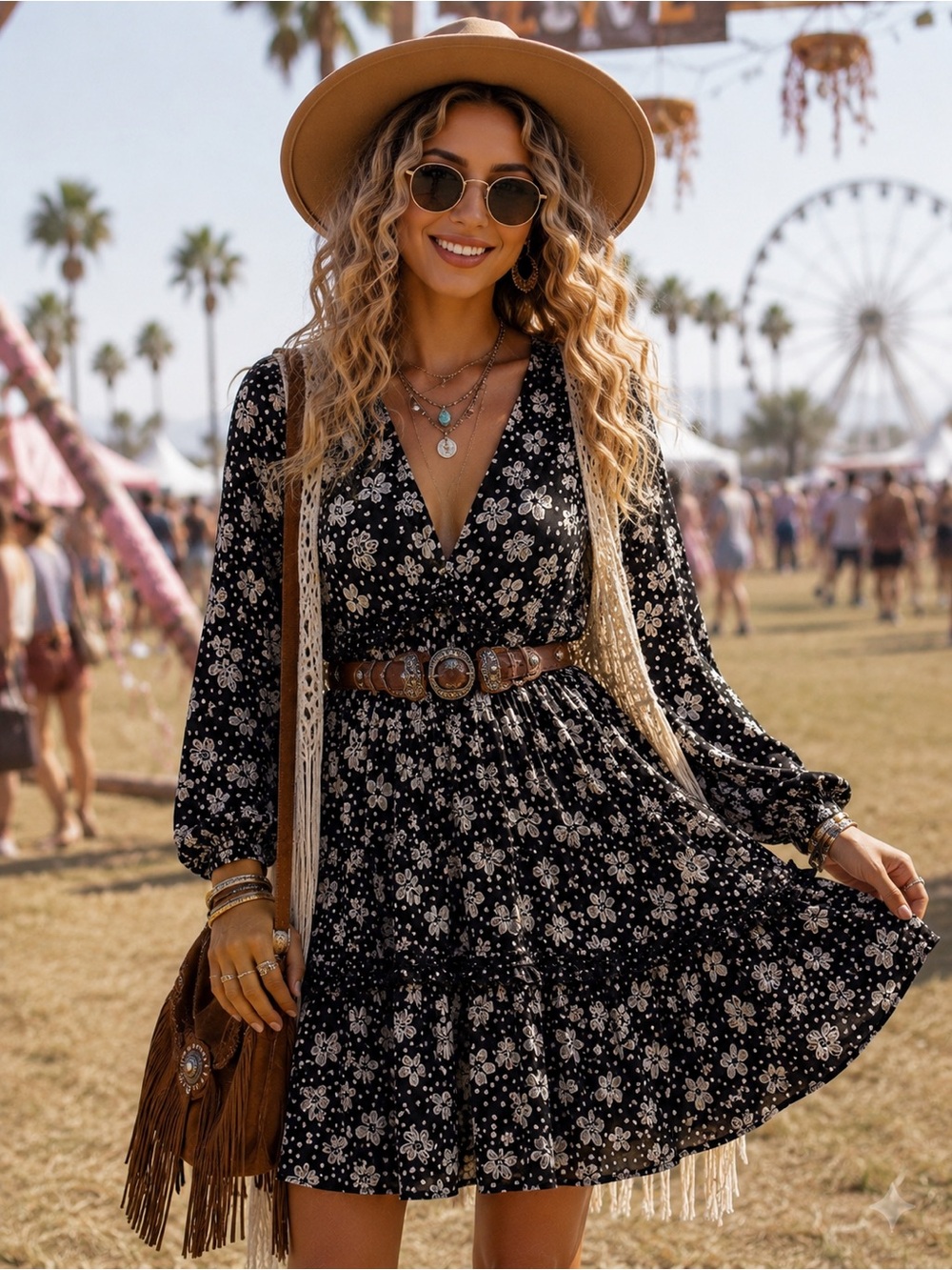 Angie Black Floral Long Sleeve Ruffle Mini Dress Boho Babydoll - Picture 10 of 10